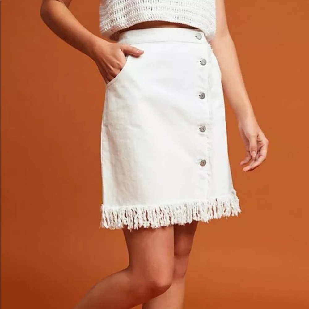 Pilcro and the Letterpress White Denim Side Button Skirt with Frayed Fringe Hem